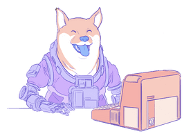 Illustrasjon av en hund som sitter ved en datamaskin