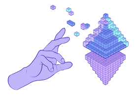 Illustration of a hand constructing an Ethereum glyph made of lego bricks