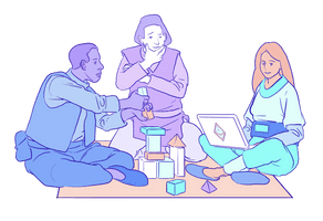 Ilustración de un grupo que trabaja en un proyecto de Ethereum alrededor de un portátil