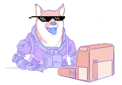 Illustration of a doge using a computer